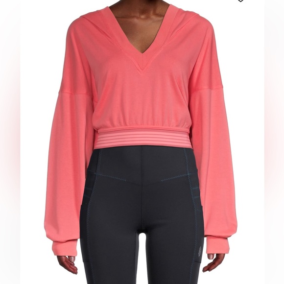 Free People Movement Hoodie XS Grand Slam Coral Pink Cropped V-Neck Ribbed Trim - Picture 15 of 15